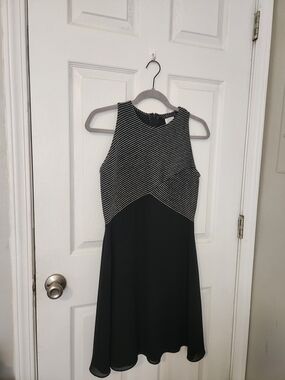 Black and Silver Sleeveless Striped Bodice Midi Dress